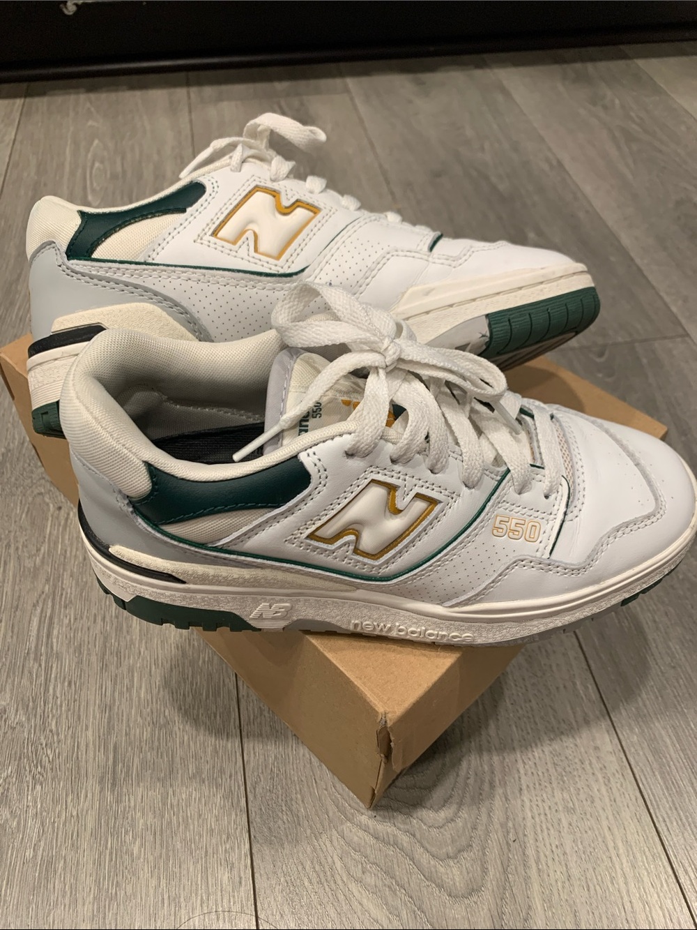 New Balance 550 White with Green & Gold Accent Sneakers